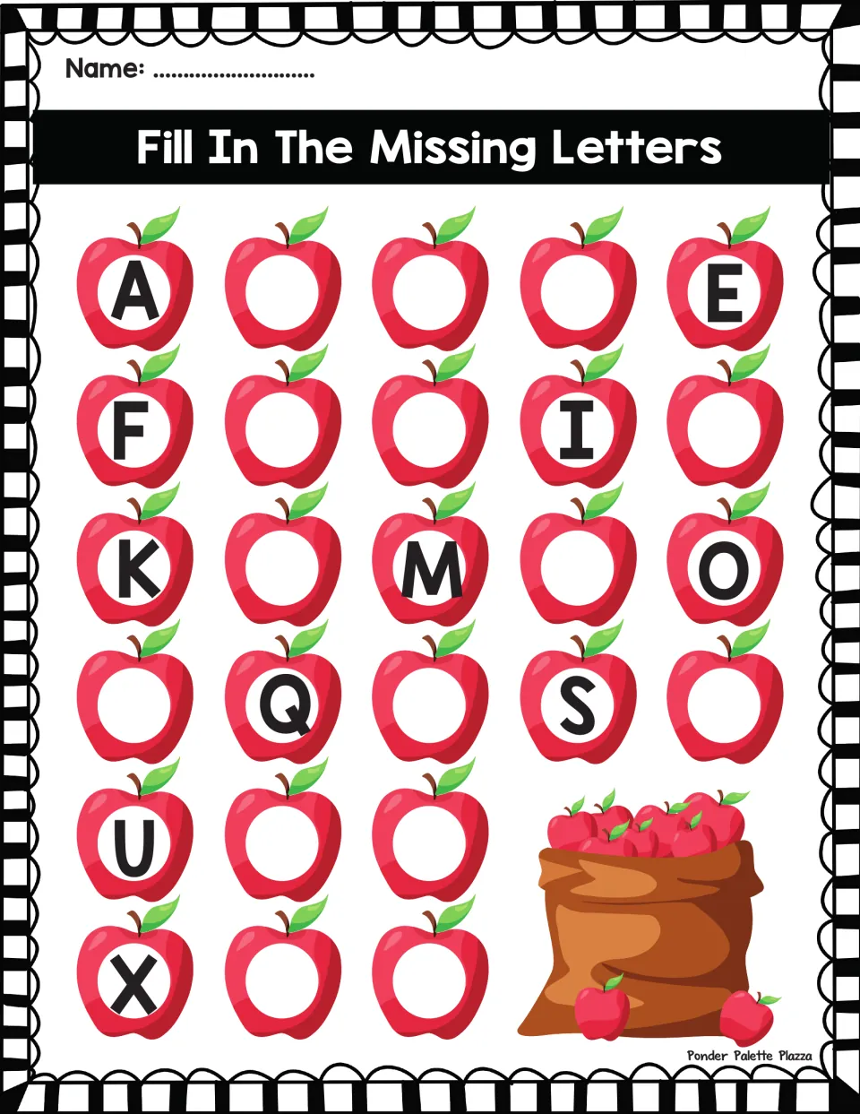 Uppercase alphabet sequencing: students write the blank letters on 26 apples, using clues A, E, F, I, K, M, O, Q, S, U, X