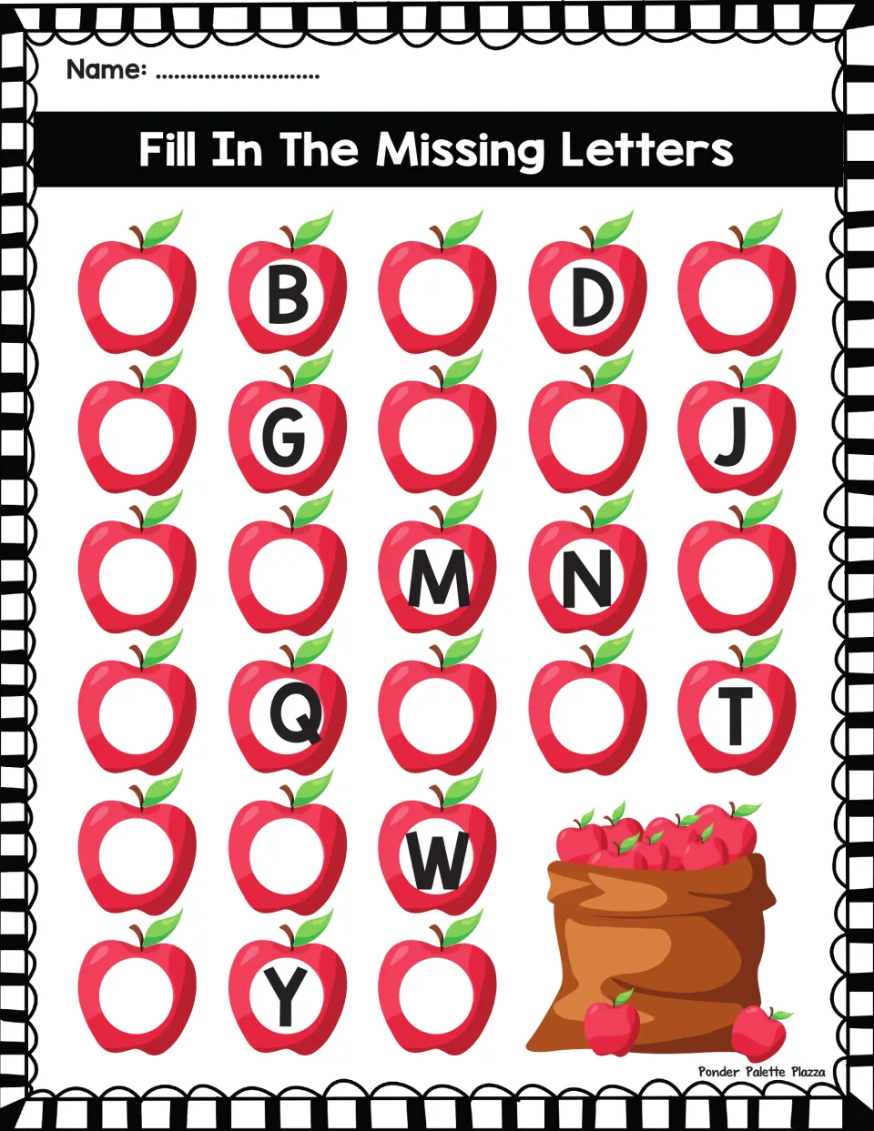 Apple alphabet with A left blank: students fill in letters around B, D, G, J, M, N, Q, T, W and Y to finish A through Z