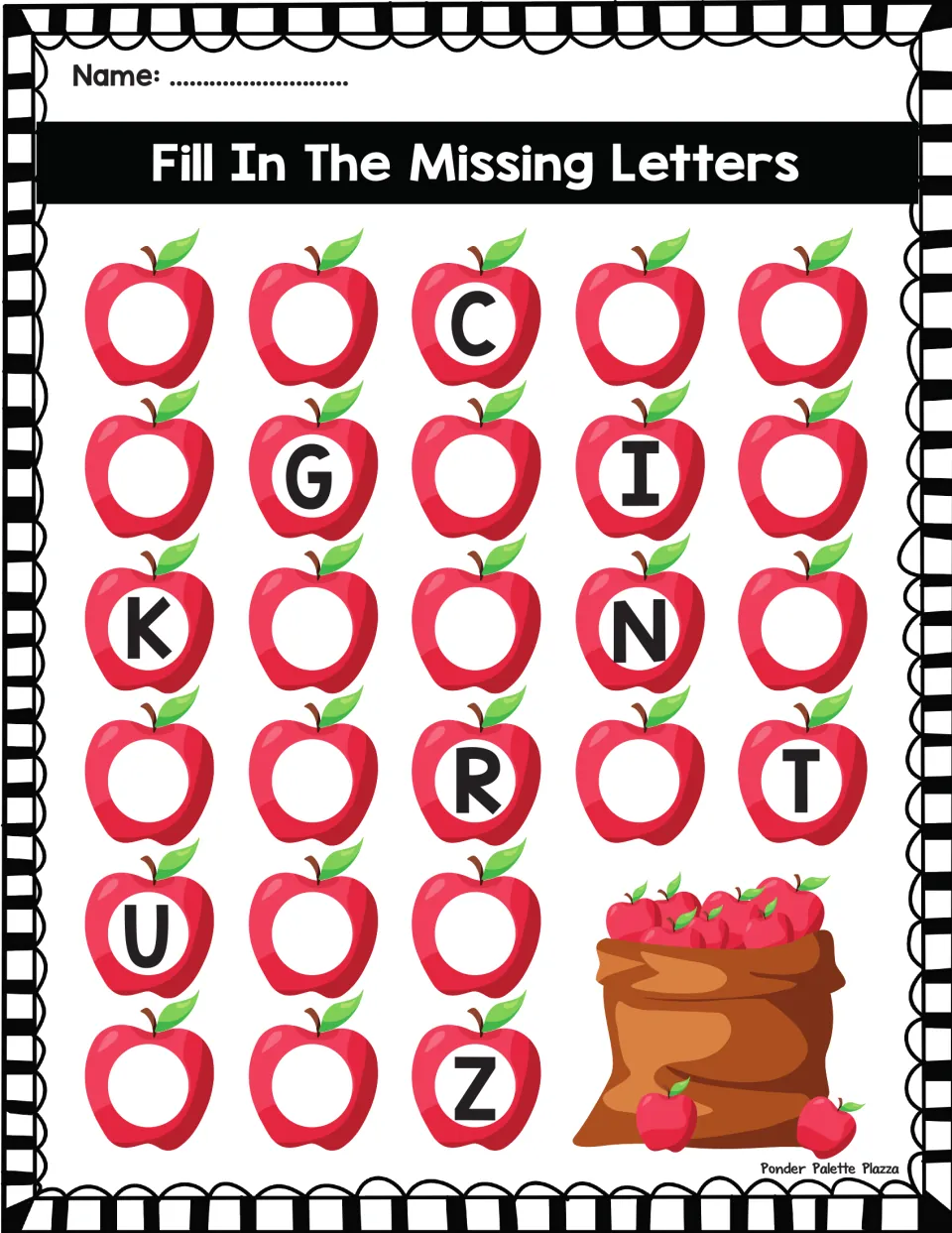 Capital letter order, fewest clues: students write 17 missing letters on apples; only C, G, I, K, N, R, T, U and Z given
