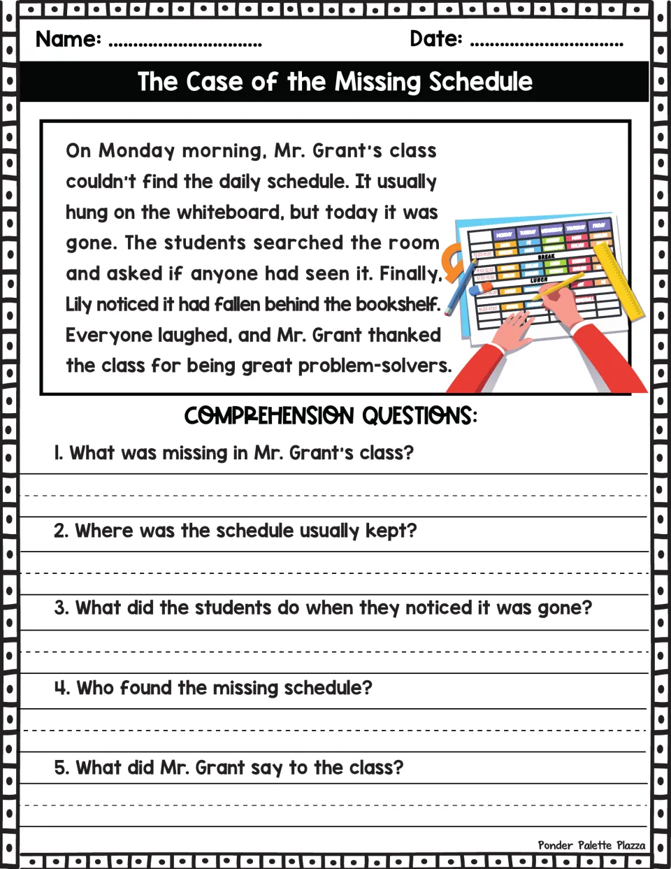 Short story of a class schedule lost behind a bookshelf; students answer 5 comprehension questions recalling key details
