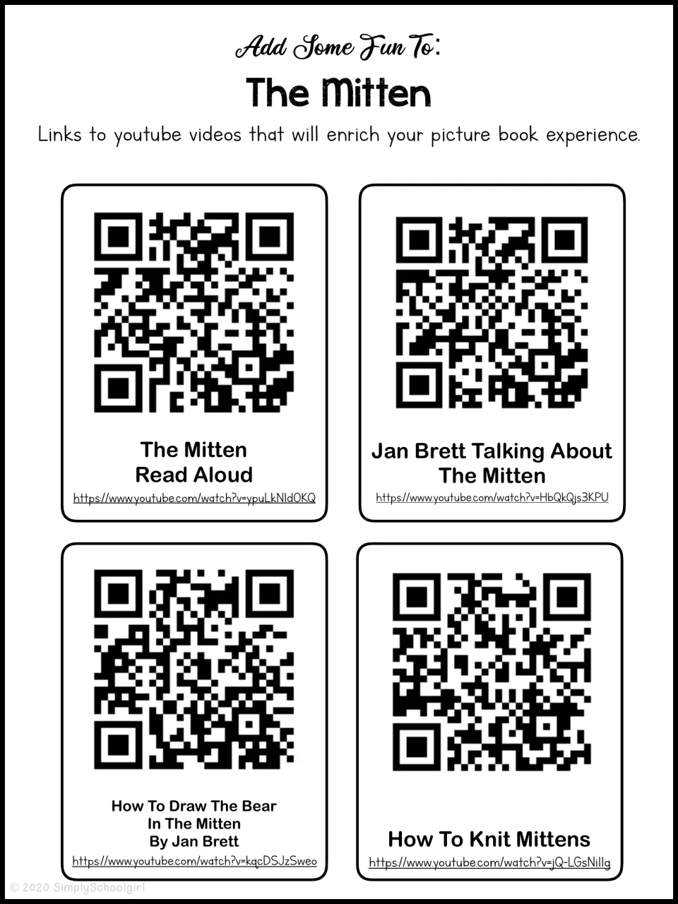 Video links for Jan Brett's story: four QR codes for a read-aloud, an author talk, drawing the bear and knitting mittens