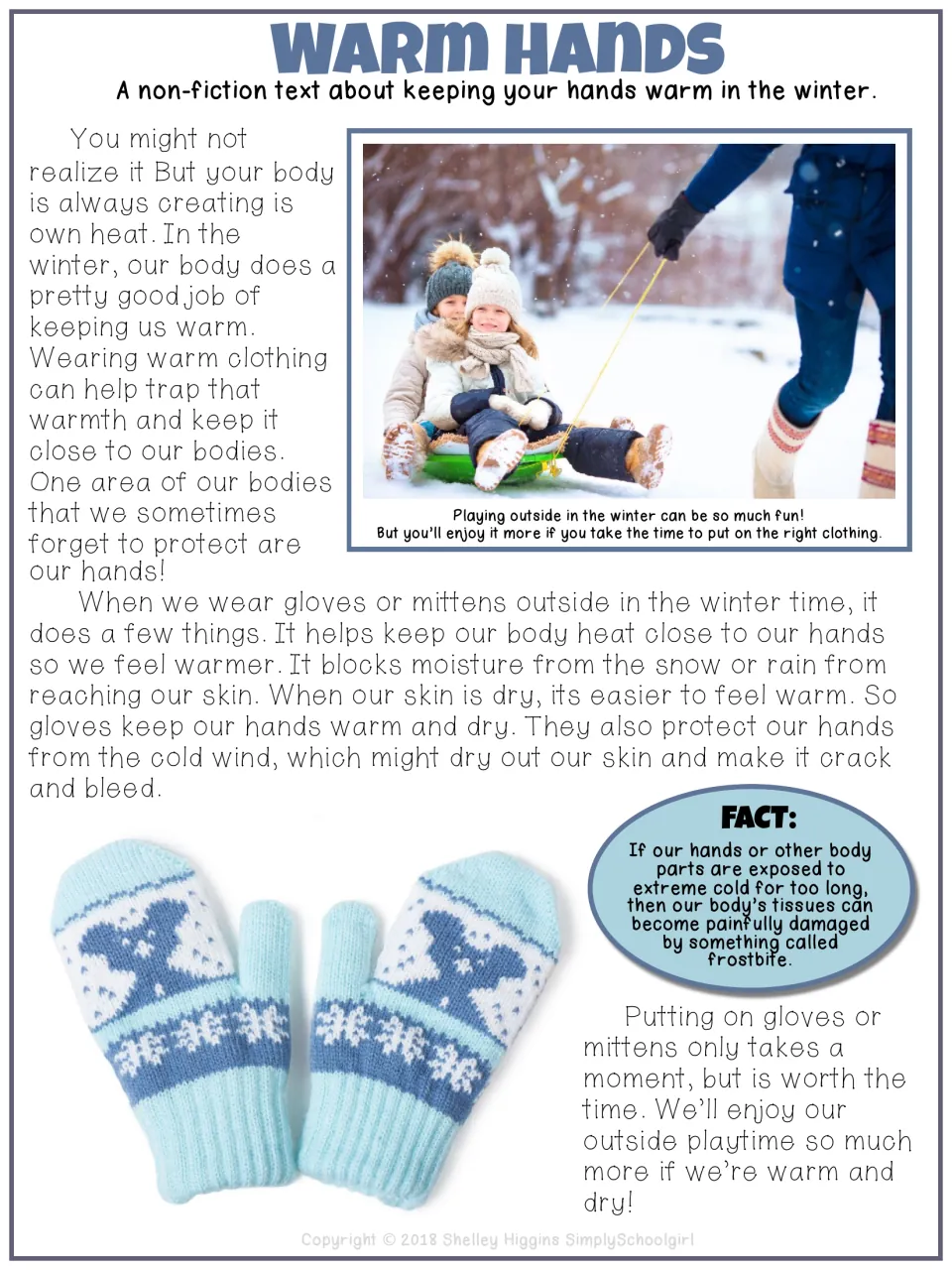 Warm Hands nonfiction passage: students read how gloves and mittens trap body heat, block moisture and prevent frostbite