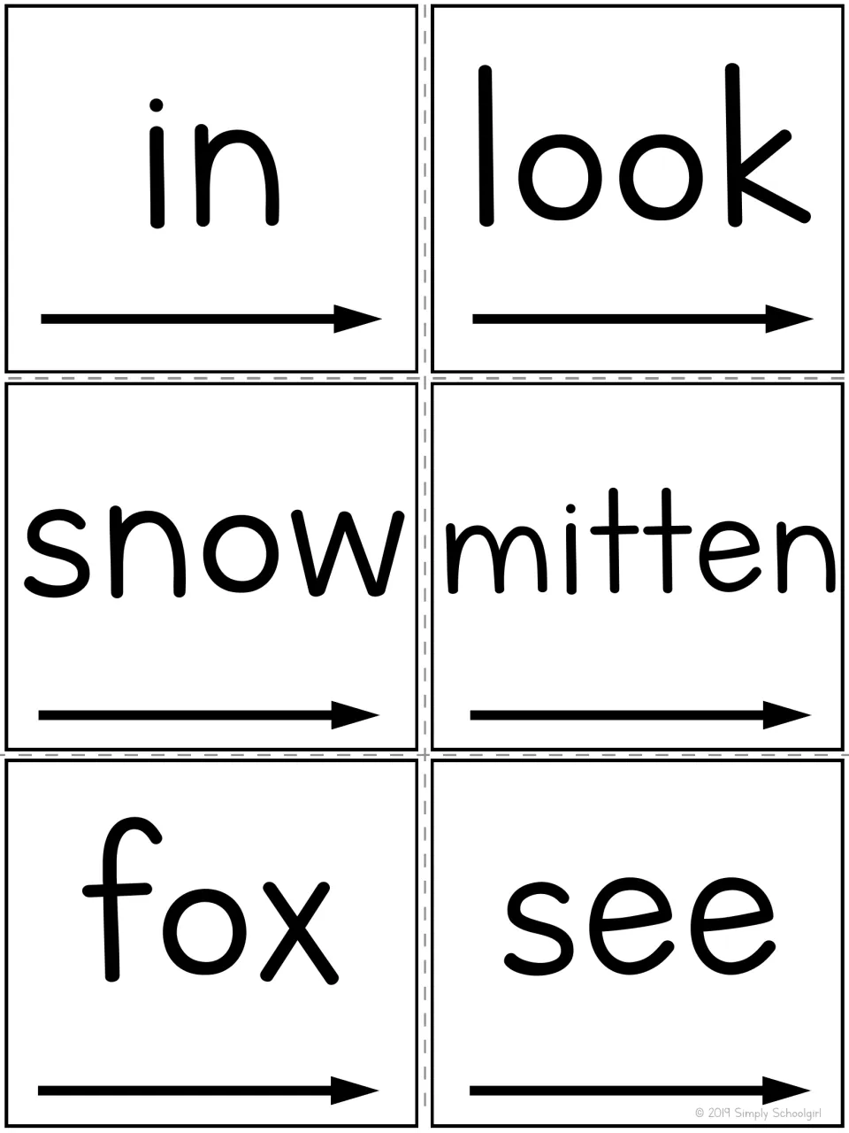 Sight word cards for in, look, snow, mitten, fox and see, each with an arrow underneath for left-to-right reading