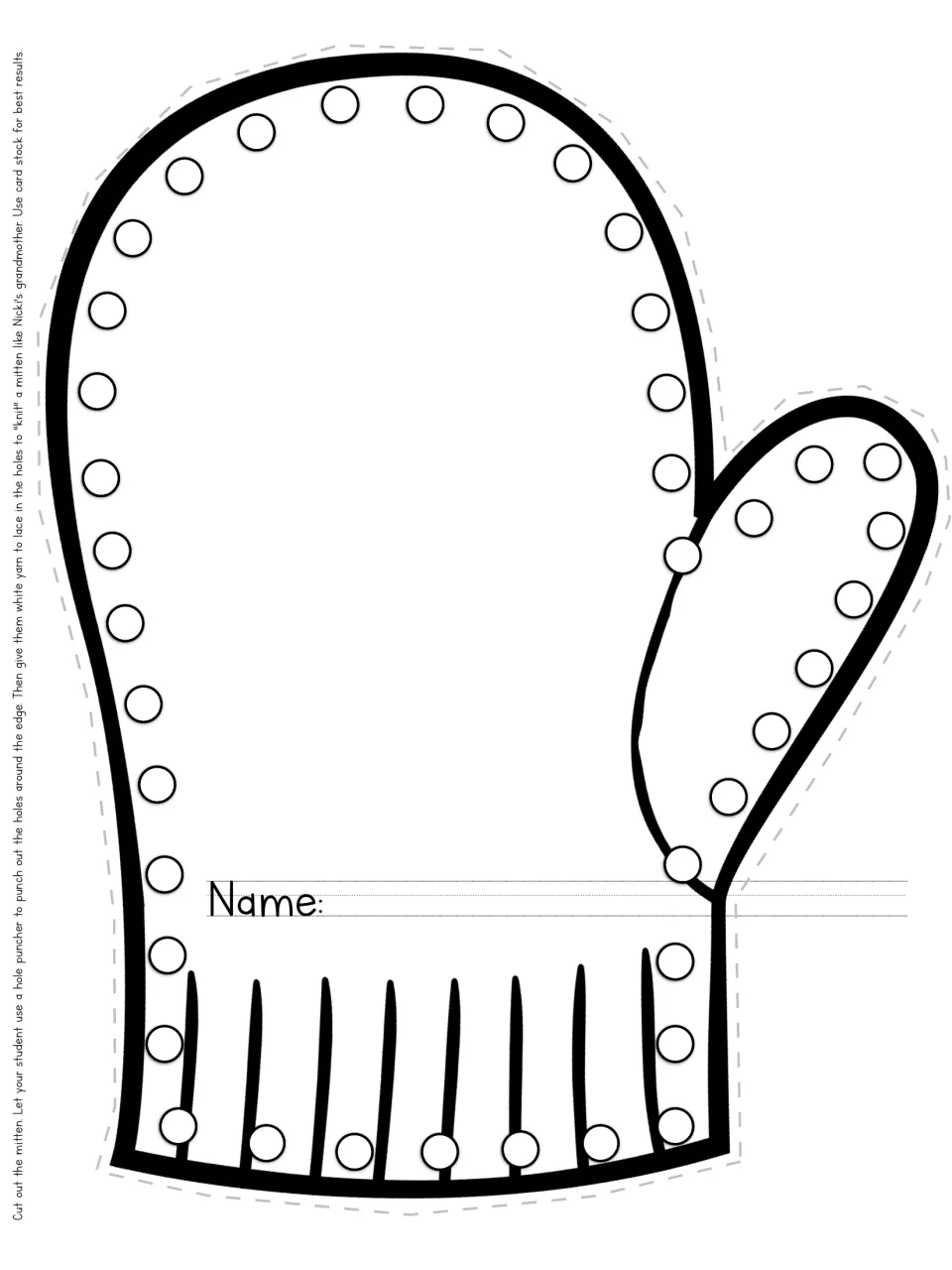 Lacing craft: students cut out a mitten, punch holes around the edge and lace white yarn through them