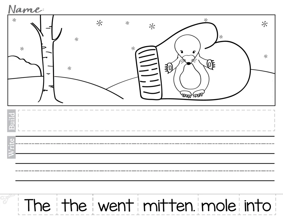 Mole in the mitten: students cut apart six scrambled words, build 'The mole went into the mitten.' and then write it