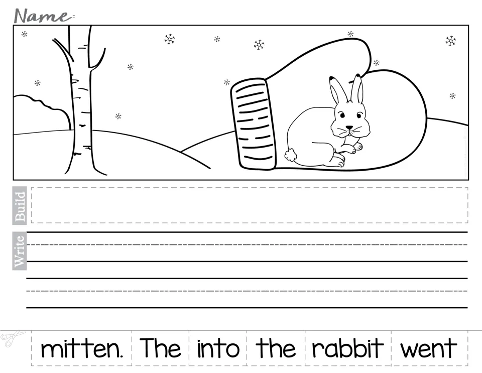 Rabbit in the mitten: students unscramble six word cards into 'The rabbit went into the mitten.' and copy the sentence