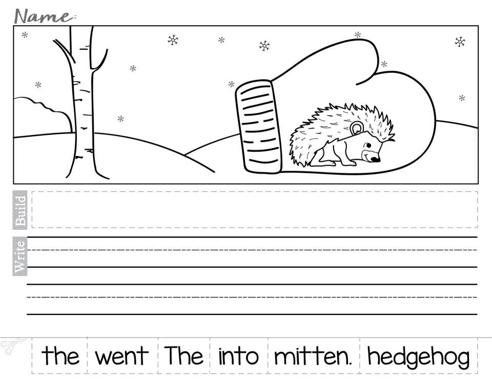 Hedgehog in the mitten: students order scrambled words to form 'The hedgehog went into the mitten.' then write it out