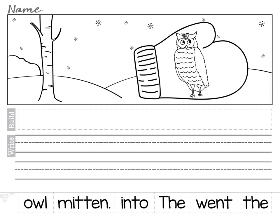 Owl in the mitten: students cut out and arrange word cards to build 'The owl went into the mitten.' and then copy it