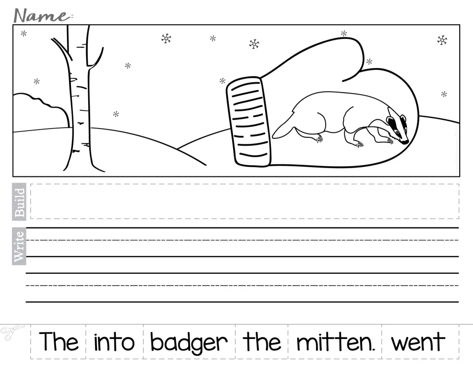 Badger in the mitten: students put scrambled words in order for 'The badger went into the mitten.' and rewrite it