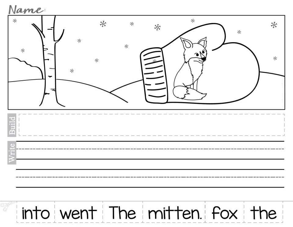 Fox in the mitten: students rebuild the jumbled sentence 'The fox went into the mitten.' from cut-out words and write it