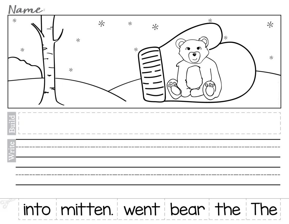 Bear in the mitten: students glue scrambled words in order to make 'The bear went into the mitten.' then handwrite it