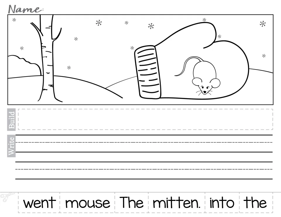 Mouse in the mitten: students arrange cut-apart words into 'The mouse went into the mitten.' and copy the sentence