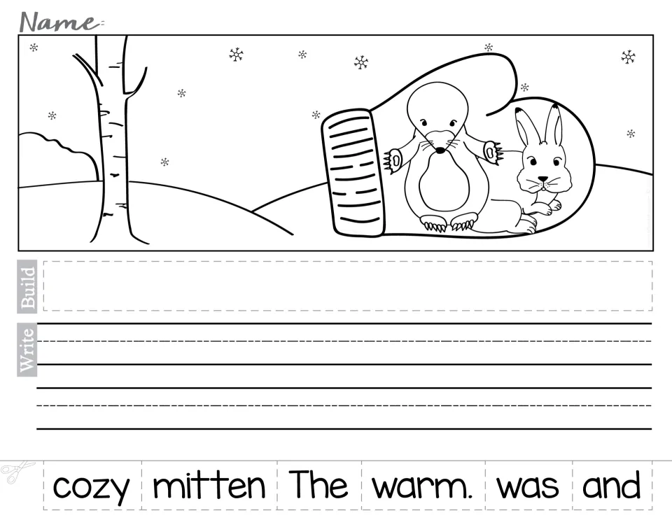 Mole and rabbit share the mitten: students unscramble 'The mitten was warm and cozy.' from six word cards and write it