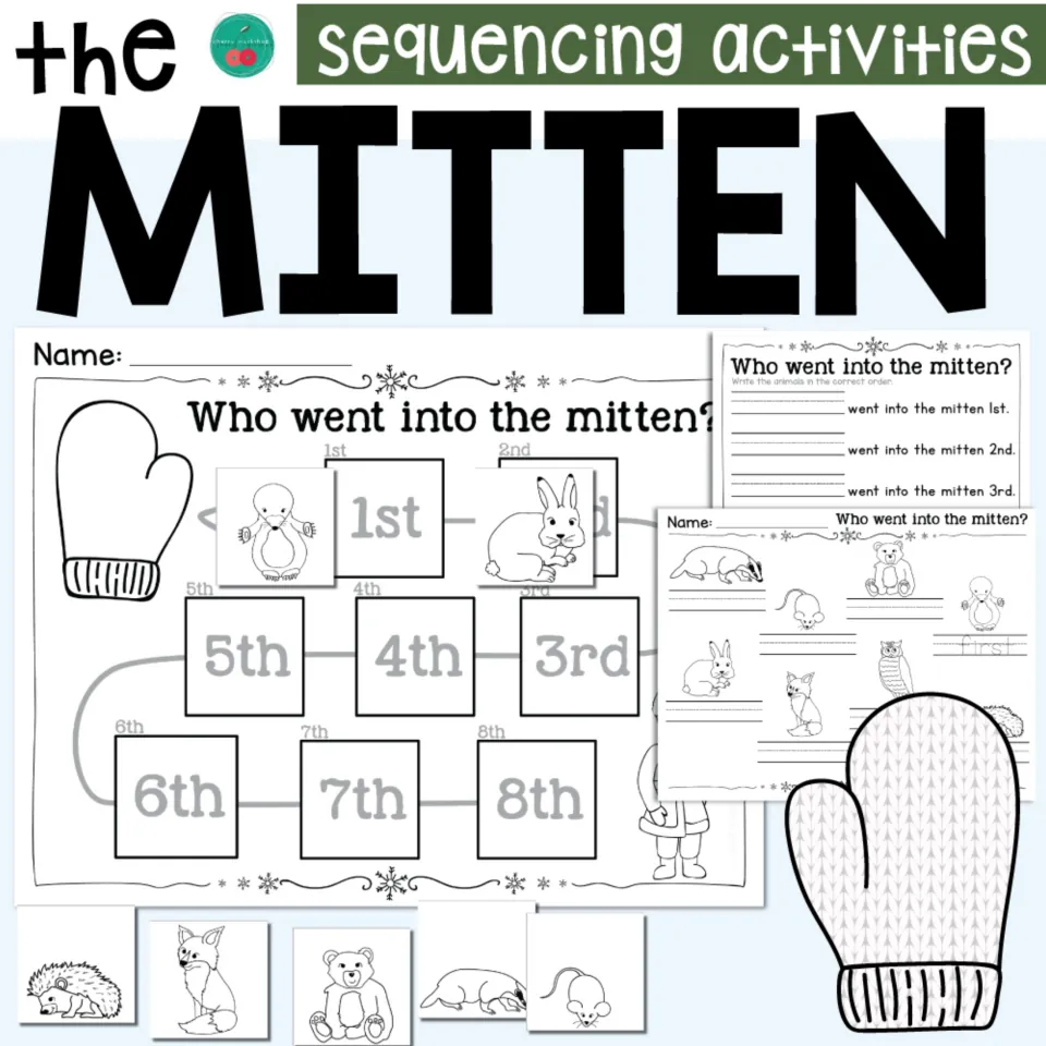 The Mitten sequencing activities cover previewing a 1st to 8th mitten path, animal picture cards and ordinal word sheets