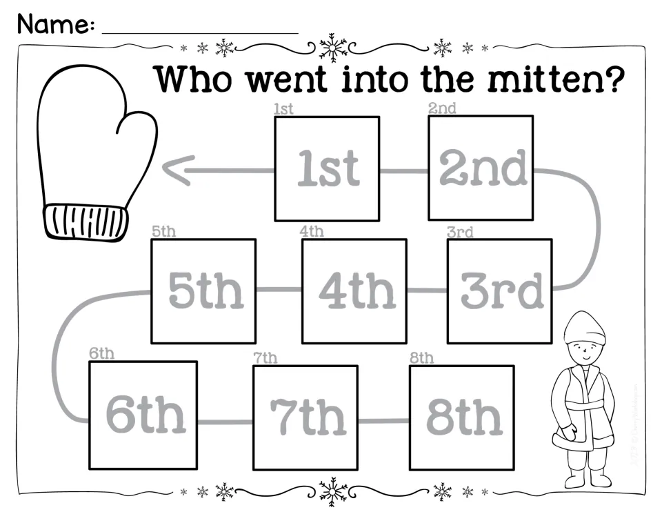 Who went into the mitten? sequencing path: students place animal cards in story order, 1st to 8th, leading to the mitten