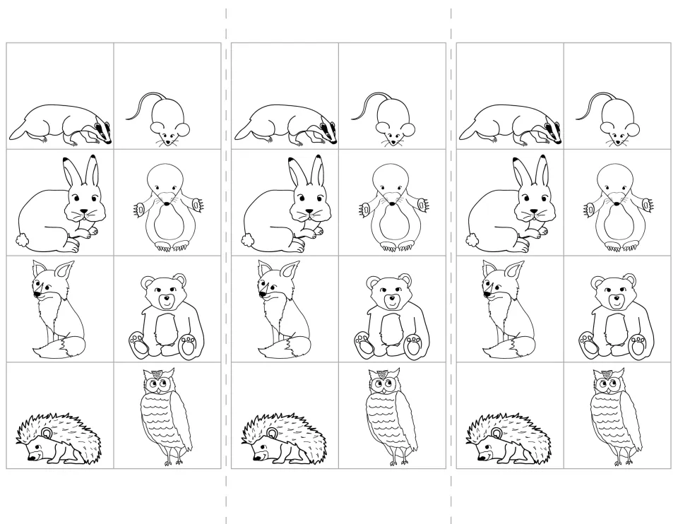Animal picture cards to cut out: badger, mouse, rabbit, mole, fox, bear, hedgehog and owl, printed in three sets