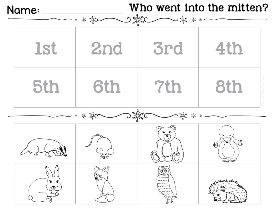 Cut-and-paste story sequencing: students cut out eight unlabeled animal pictures and glue them in order from 1st to 8th