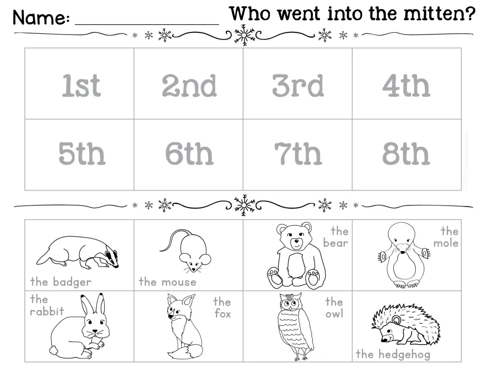 Labeled story sequencing: students cut and glue eight animals named on each picture in order from 1st to 8th