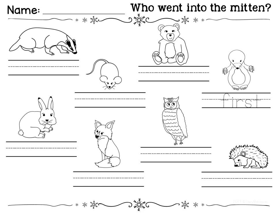 Ordinal word writing: students write first to eighth under each animal in story order; 'first' is traced for the mole