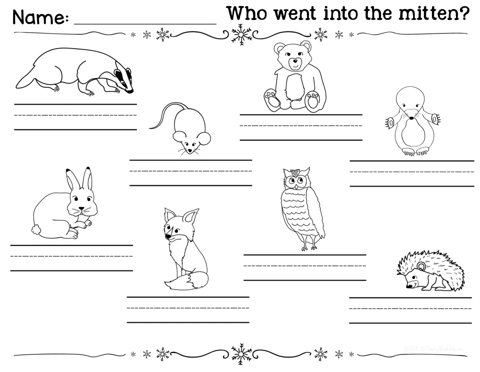 Ordinal word writing without a model: students write first through eighth under each of the eight story animals