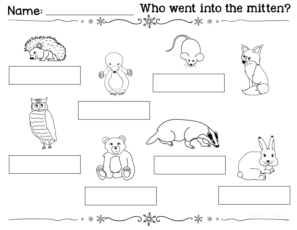 Ordinal label matching: students glue an ordinal word beside each of the eight animals to show the order they entered