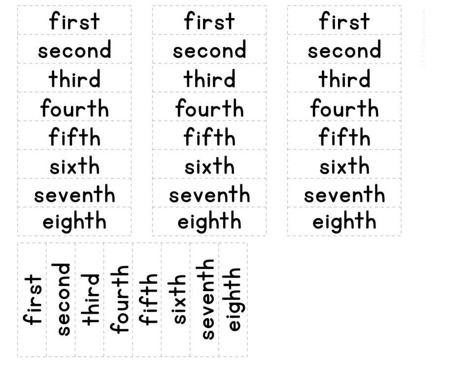 Ordinal word strips to cut out reading first, second, third up to eighth, in three horizontal sets and one vertical set