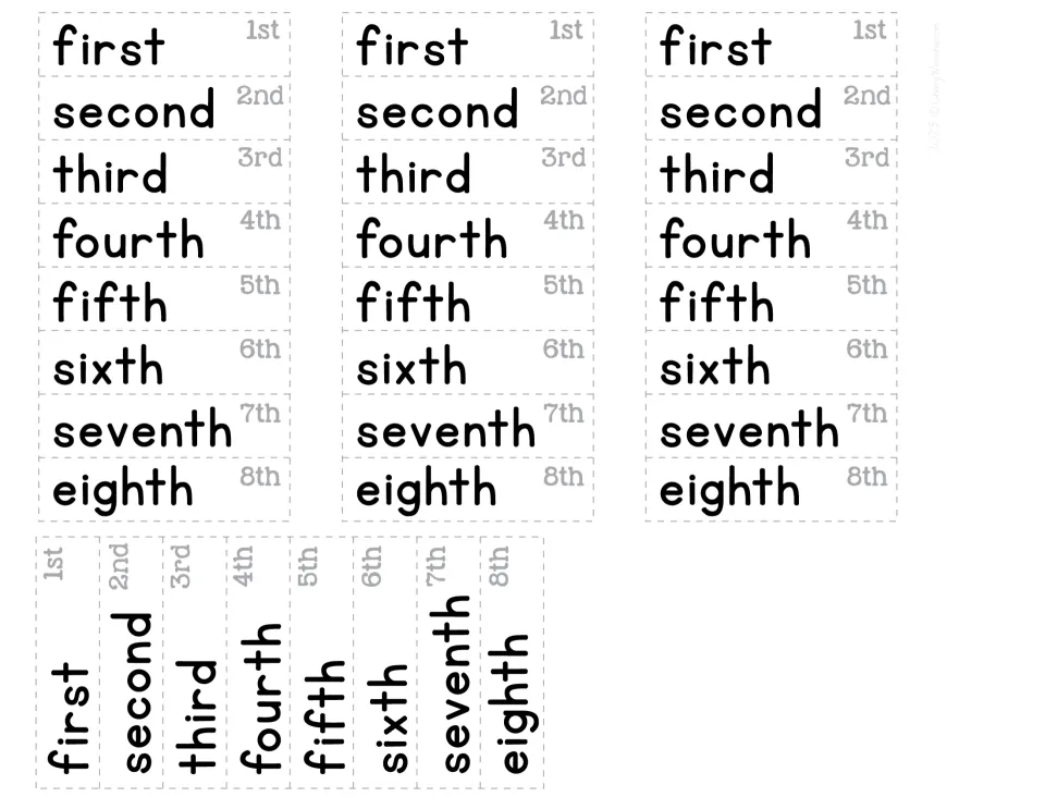 Ordinal word strips with number cues: first to eighth, each paired with a small 1st to 8th numeral, for cutting out