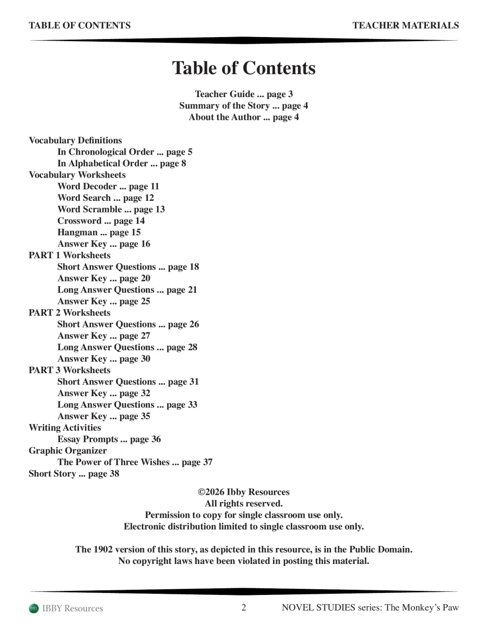 Study guide contents listing vocabulary puzzles, questions for Parts 1–3, answer keys, and writing activities