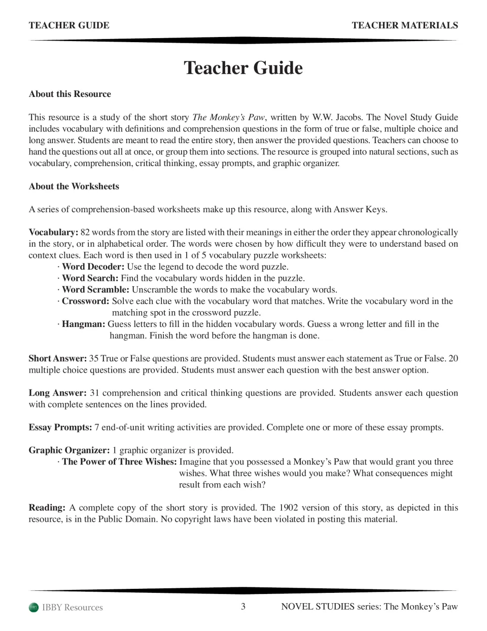 Teacher guide outlining 82 vocabulary words, 35 true-or-false items, 20 multiple-choice items, and 31 long answers