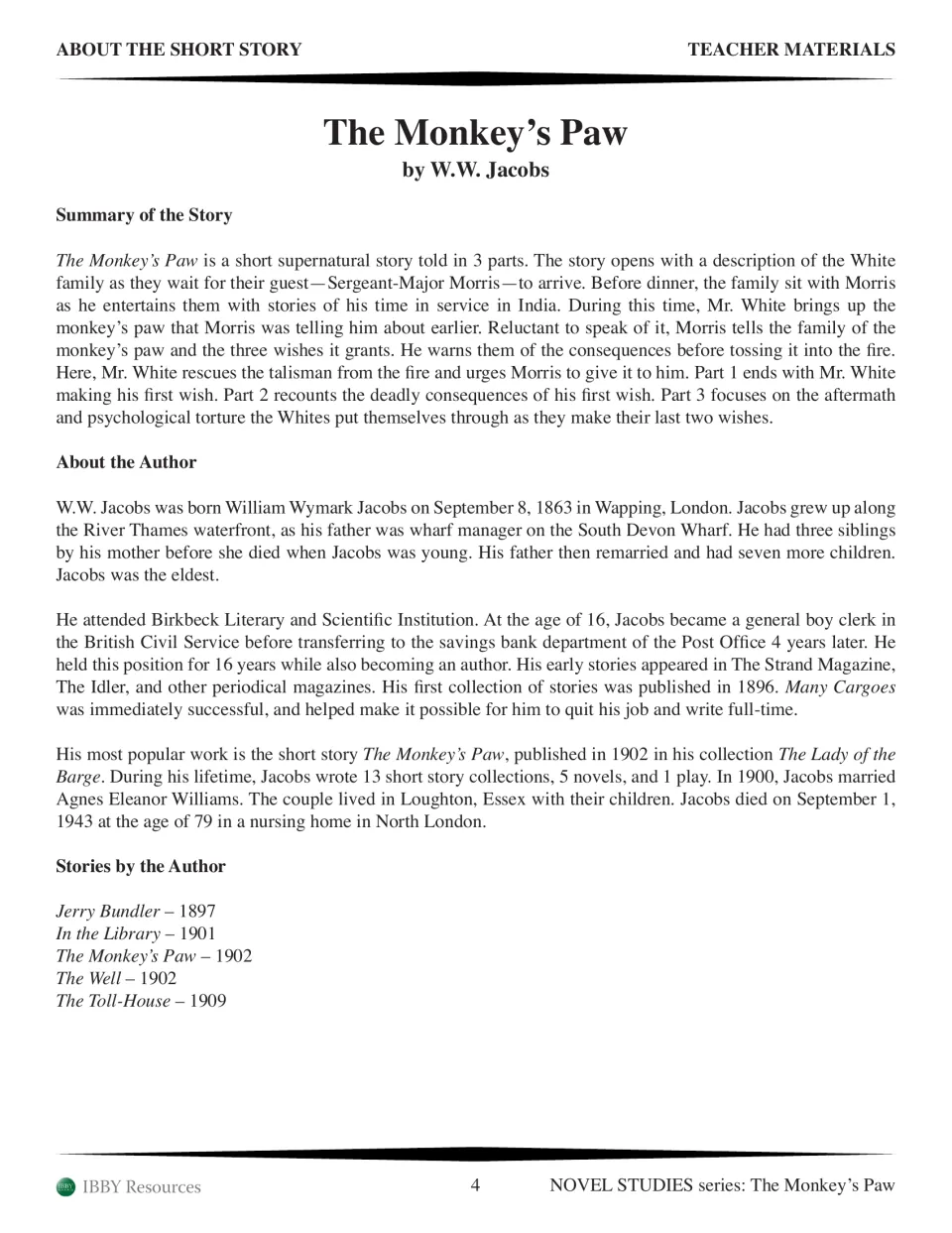 Teacher background summarizing the White family's three wishes and W.W. Jacobs's life, with five story titles