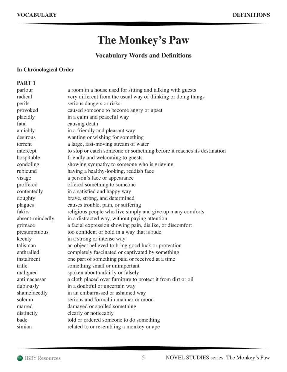 Part 1 vocabulary definitions in story order, from parlor to simian, including fakirs, talisman, and grimace
