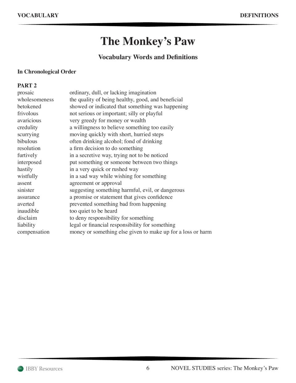 Part 2 vocabulary definitions in story order, from prosaic to compensation, including credulity and sinister
