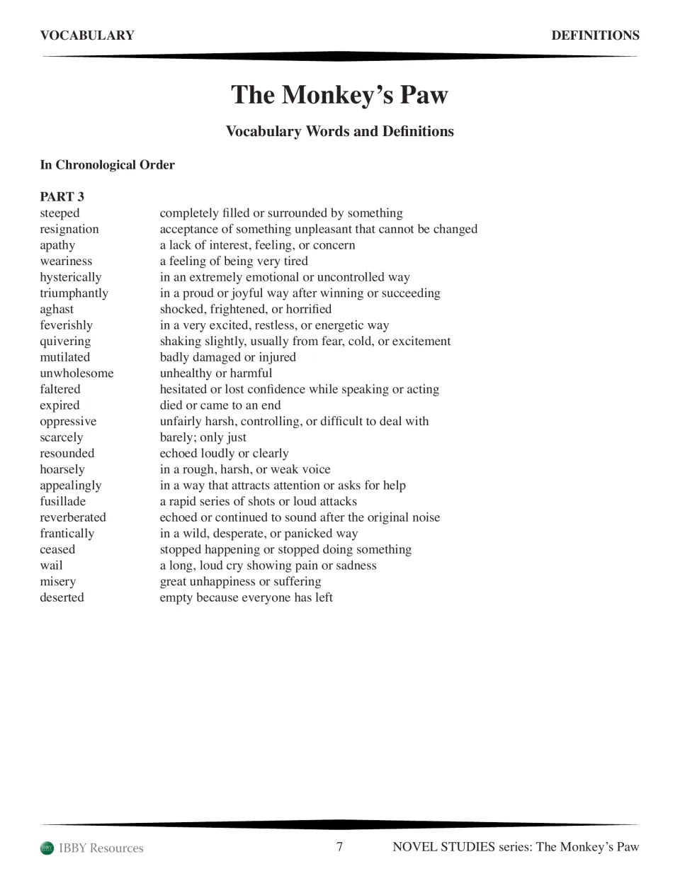 Part 3 vocabulary definitions in story order, from steeped to deserted, including apathy, aghast, and misery