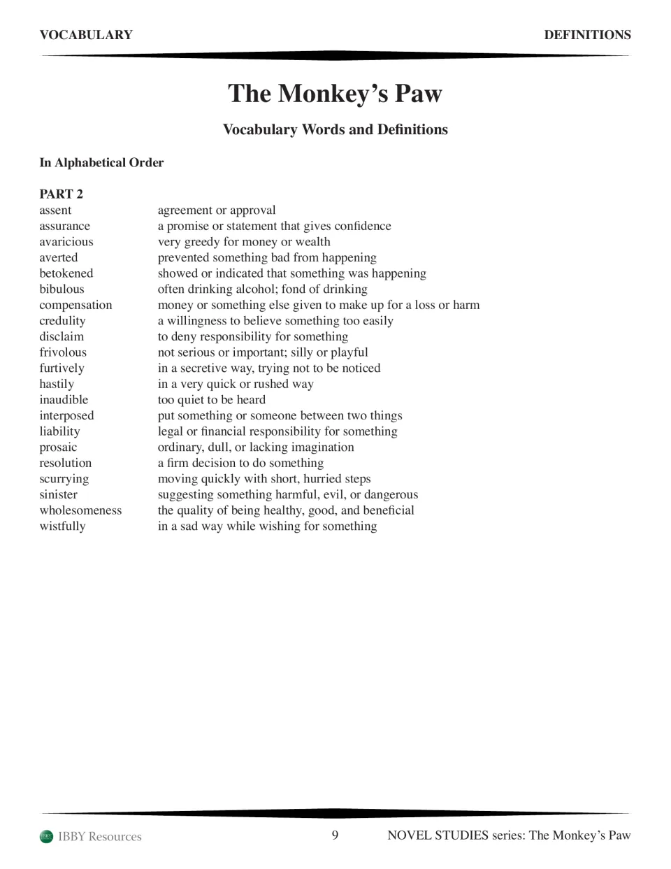 Part 2 vocabulary definitions in alphabetical order, from assent to wistfully, including avaricious and liability