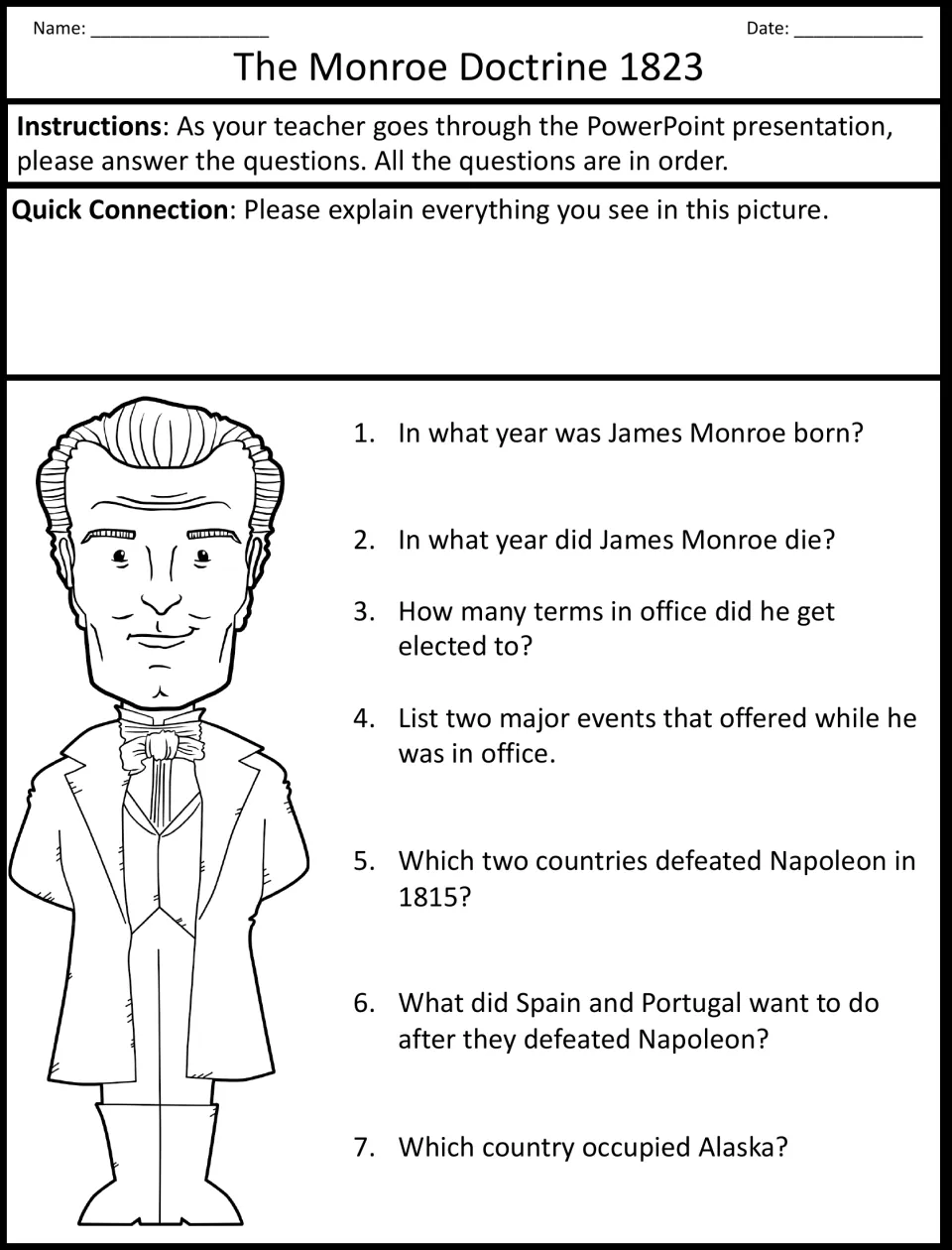 Monroe Doctrine guided notes: students explain a picture, then answer 7 questions on James Monroe, Napoleon and Alaska