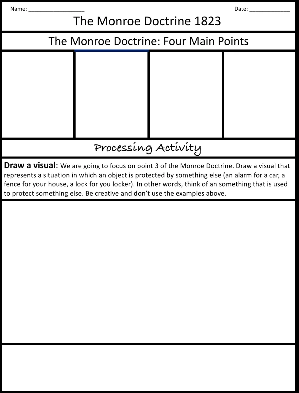 Monroe Doctrine four main points notes, then a processing task: students draw something that protects another object