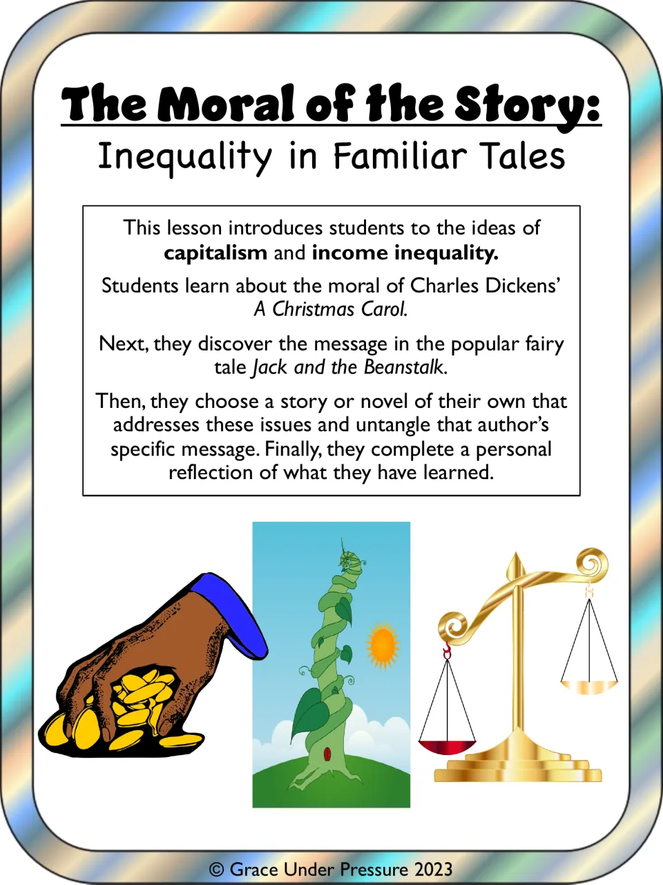 Cover: The Moral of the Story lesson on capitalism and income inequality via A Christmas Carol and Jack and the Beanstalk