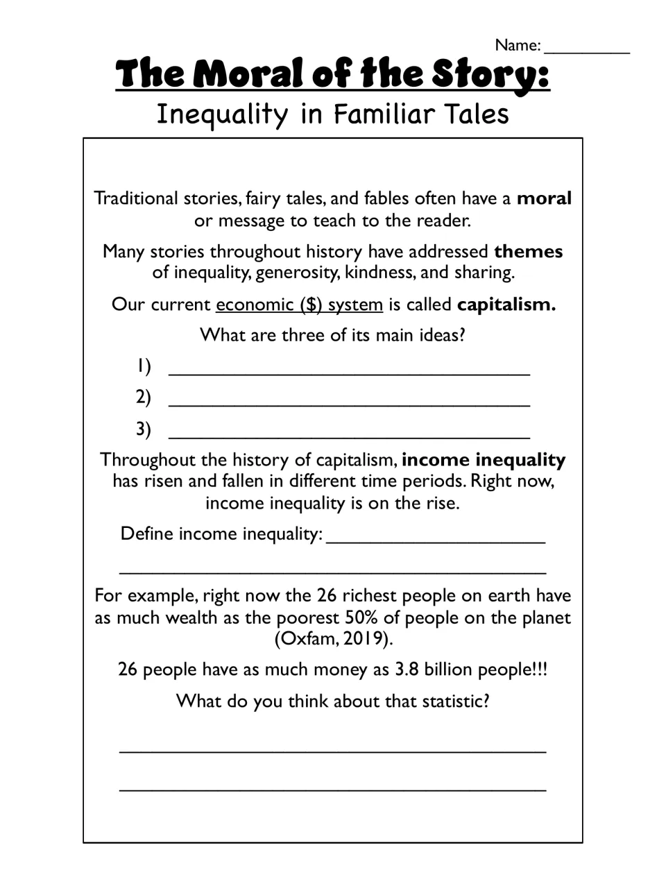 Capitalism intro: students list its three main ideas, define income inequality and respond to an Oxfam wealth statistic