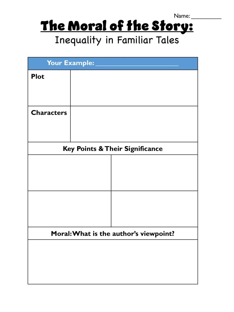 Your Example organizer: students pick their own story and record its plot, characters, key points and the author's moral