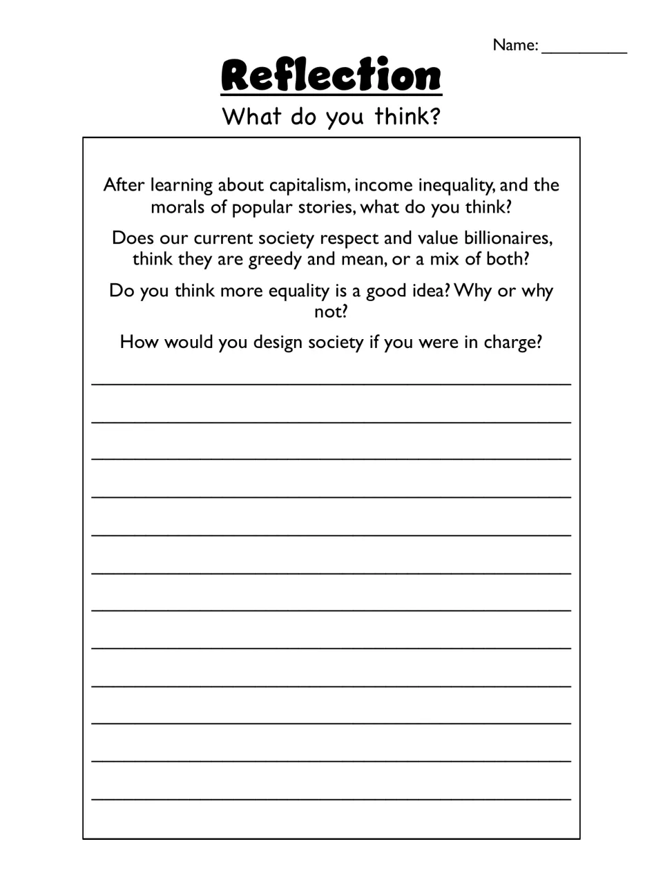 Reflection: students write their views on billionaires, whether more equality is good, and how they would design society