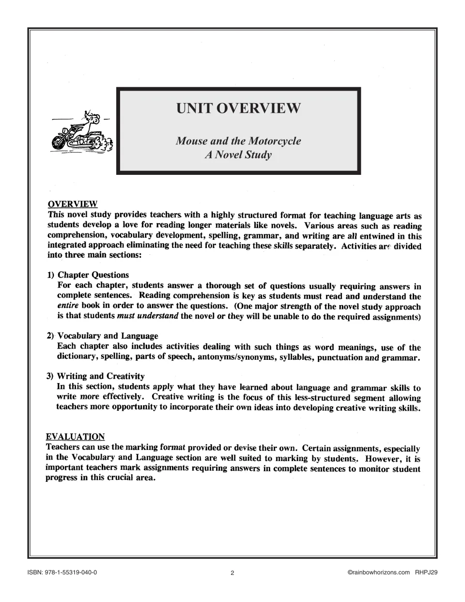 Unit overview for a Mouse and the Motorcycle novel study: chapter questions, vocabulary and writing sections explained