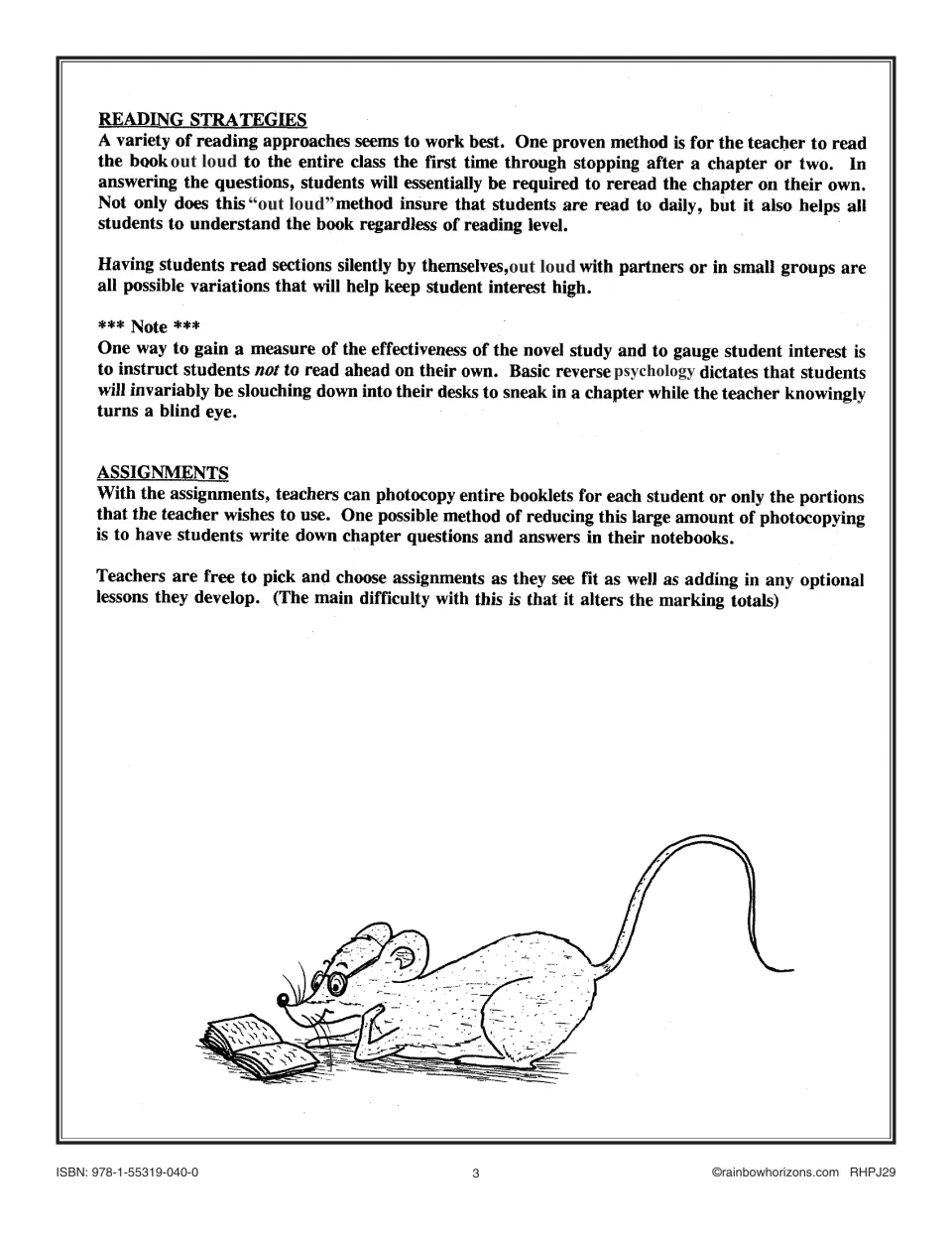 Teacher notes on reading strategies and assignments: read aloud, partner or silent reading and choosing pages to copy