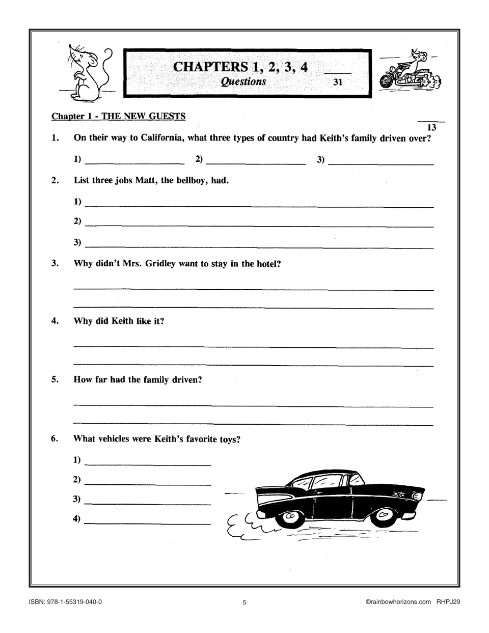 Chapter 1 The New Guests comprehension: students recall Keith's trip, Matt the bellboy's jobs and Keith's favorite toys