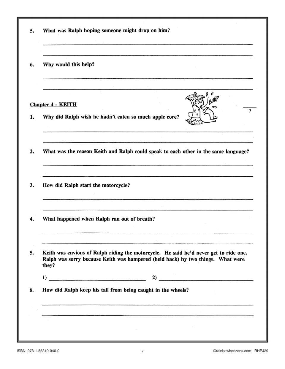 Chapter 4 Keith questions: students explain how Ralph starts the motorcycle, runs out of breath and keeps his tail safe