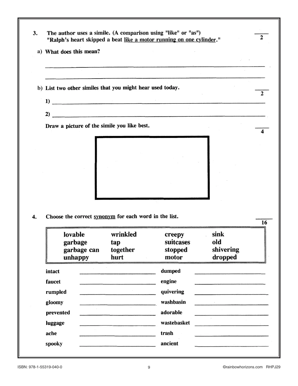 Similes and synonyms: students explain a motor-running simile, write and draw their own, then match 16 synonyms