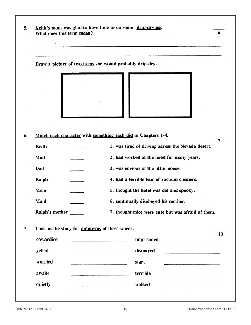 Drip-drying, character matching and antonyms: students define a term, match seven characters to actions, find opposites