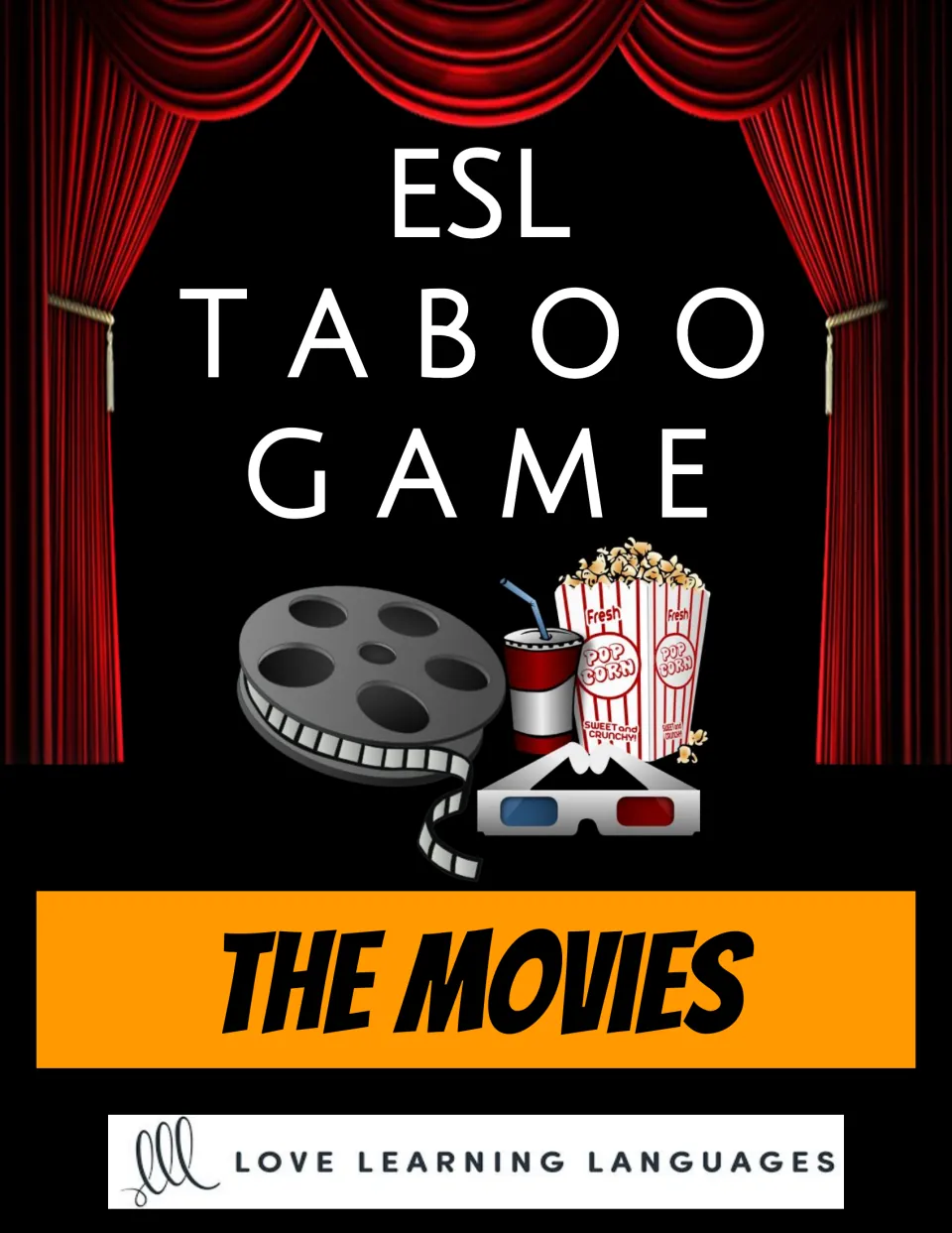 ESL Taboo game cover for The Movies, showing a film reel, popcorn, soda and 3D glasses between red stage curtains