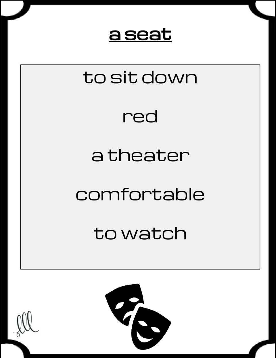 Taboo card for a seat: students explain the word while avoiding to sit down, red, a theater, comfortable and to watch