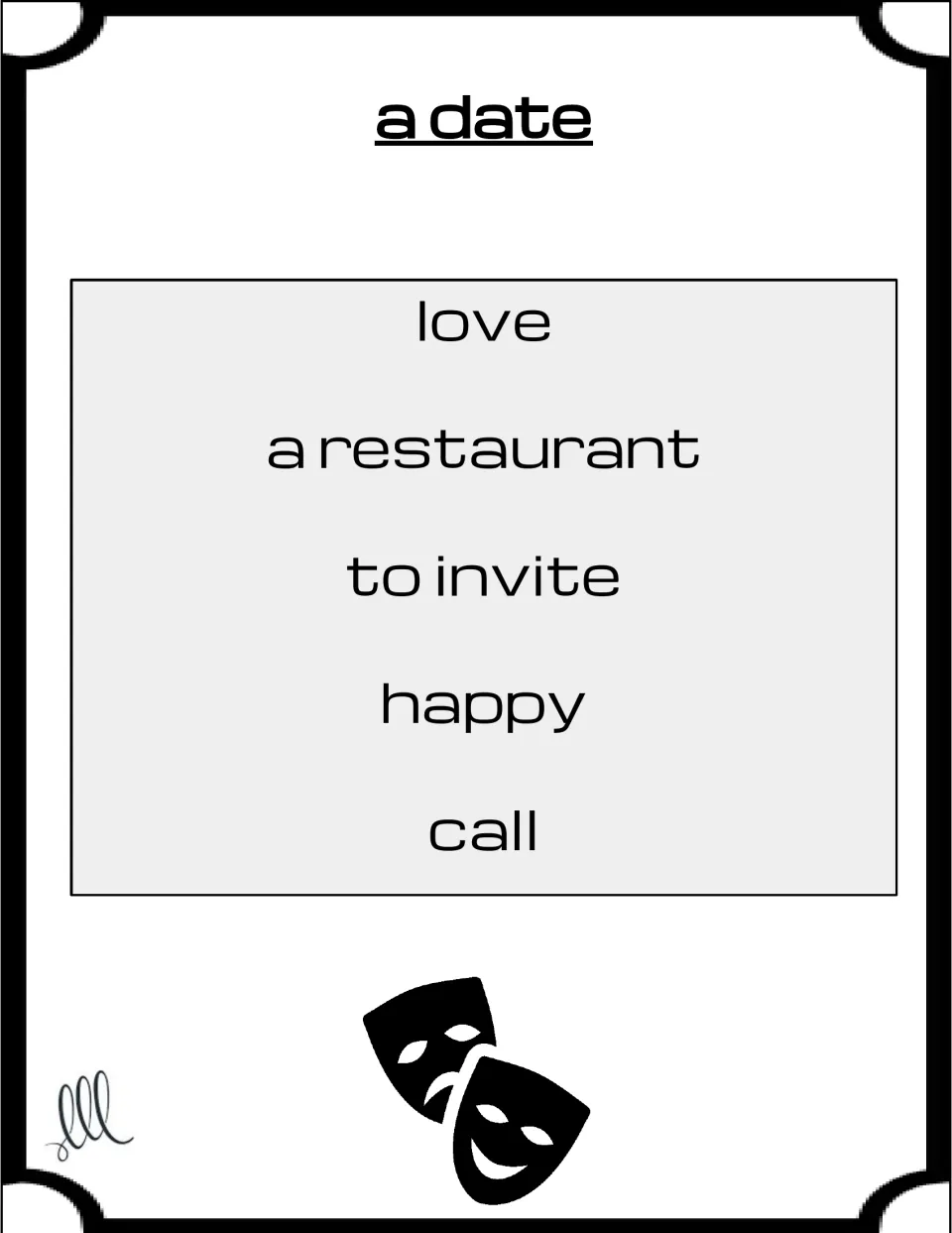 Taboo card for a date: students describe it with love, a restaurant, to invite, happy and call as banned words