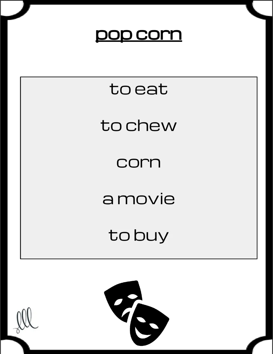 Taboo card for pop corn: students define the snack without using to eat, to chew, corn, a movie or to buy